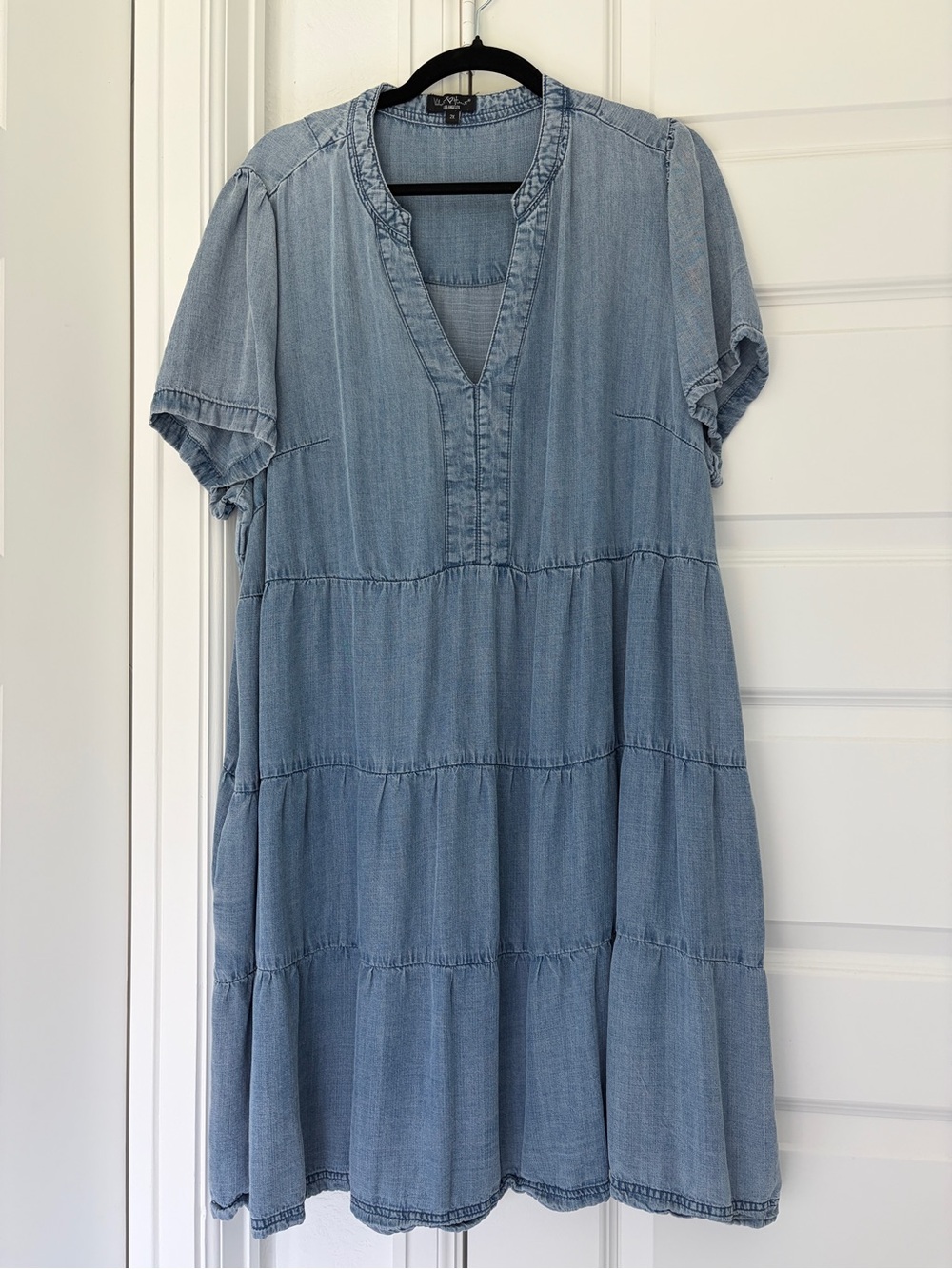 Light Wash Chambray Denim Tiered Short Sleeve Dress